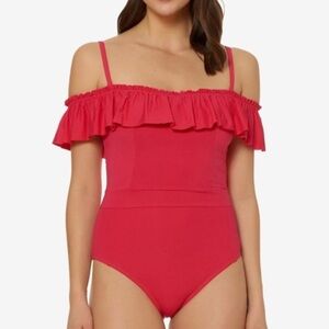 Bleu by Rod Beattie Off Shoulder Ruffle Tummy Contour One Piece Pink‎ Sz 4